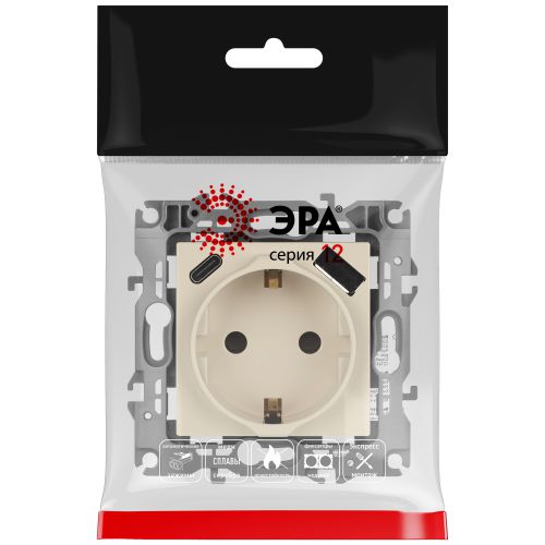 Розетка Серия 12 12-4108-02 2P+E 16A-250В со шторками с USB type-A+C 5В-3А слоновая кость | код Б0067731 | ЭРА фото 2 Розетка Серия 12 12-4108-02 2P+E 16A-250В со шторками с USB type-A+C 5В-3А слоновая кость | код Б0067731 | ЭРА фото 2