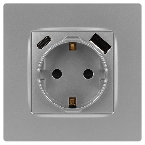 Розетка Серия 12 12-4108-03 2P+E 16A-250В со шторками с USB type-A+C 5В-3А алюминий | код Б0067716 | ЭРА фото 3 Розетка Серия 12 12-4108-03 2P+E 16A-250В со шторками с USB type-A+C 5В-3А алюминий | код Б0067716 | ЭРА фото 3