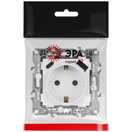 Розетка Серия 12 12-4108-01 2P+E 16A-250В со шторками с USB type-A+C 5В-3А белый | код Б0067752 | ЭРА Розетка Серия 12 12-4108-01 2P+E 16A-250В со шторками с USB type-A+C 5В-3А белый | код Б0067752 | ЭРА