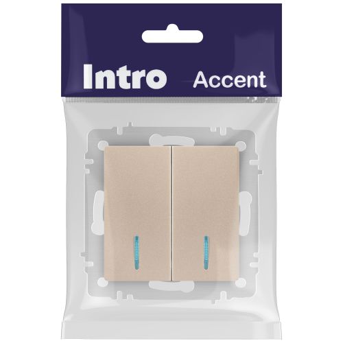 Выключатель Intro Accent 6-105-04 двойной с подсветкой, 10А-250В, IP20, СУ, AL/CU, шампань | код Б0063513 | ЭРА