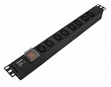 Hyperline SHE19-8IEC-S-IEC Блок розеток для 19 шкафов, горизонтальный, 8 розеток IEC320 C13, выключатель с подсветкой, без кабеля питания, входной разъем IEC320 C14 10A, 250В, 482.6x44.4x44.4мм (ШхГхВ), корпус алюминий, черный | код 426785|