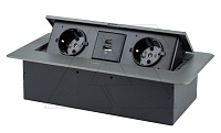 Блок розеточный встраиваемый 2хUSB 5V 2,1A + 2x2P+E со шторками, без кабеля, 3600вт, закругленный край 2мм, графит | код OR-GM-9034-GR | ORNO