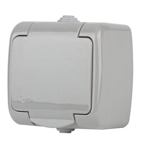 Розетка Intro Atlantic 5-201-03 с заземлением 2P+E Schuko, 16А-250В, IP54, открытой установки, серый | код Б0050945 | ЭРА