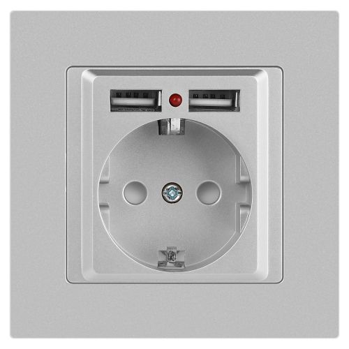 Розетка Intro Accent 6-410-03 , P+E Schuko со шторками, 16А-250В + 2хUSB, IP20, СУ, алюминий | код Б0063694 | ЭРА фото 3 Розетка Intro Accent 6-410-03 , P+E Schuko со шторками, 16А-250В + 2хUSB, IP20, СУ, алюминий | код Б0063694 | ЭРА фото 3