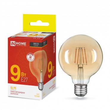Лампа светодиодная LED-GL-95-deco gold 9Вт шар золотая 3000К тепл. бел. E27 1040лм 230В | код 4690612036465 | IN HOME