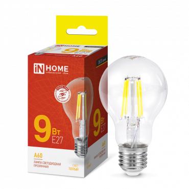 Лампа светодиодная LED-A60-deco 9Вт грушевидная прозрачная 3000К тепл. бел. E27 1040лм 230В | код 4690612008066 | IN HOME
