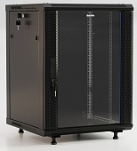 Шкаф настенный 19-дюймовый -19 18U 908x600х450мм стеклянная дверь с перфорацией по бокам ручка с замком с возможностью установки на ножки цвет черный (RAL 9004) (разобранный), Hyperline TWB-FC-1845-GP-RAL9004 | код 395558 | Hyperline