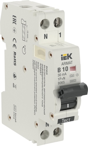 ARMAT Автоматический выключатель дифференциального тока B06S 1P+NP B10 30мА тип A (18мм) | код AR-B06S-1N-B10A030 | IEK 