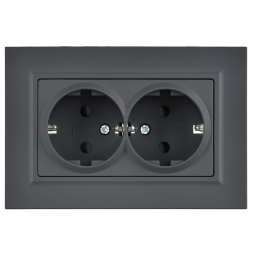 Розетка 2-м СП BRITE РСшПл12-3-БрГ 16А в сборе с заземл. защ. шторки плоская графит IEK BR-R28-16-K53-F фото 2