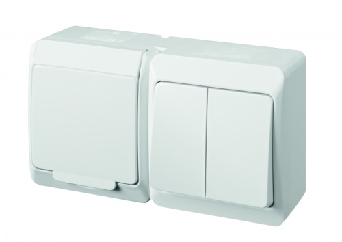 HERMES - Выключатель двухклавишный 10A/250V + Розетка 2P+E, 16A/250V, с крышкой, IP44, белый | код 0327-04 | Elektro-plast Nasielsk