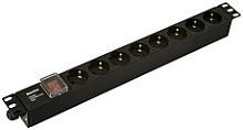 Hyperline SHE19-8SH-S-CB Блок розеток для 19 шкафов, горизонтальный, 8 розеток Schuko, выключатель с подсветкой, без кабеля питания, клеммная колодка 16A, 250В, 482.6x44.4x44.4мм (ШхГхВ), корпус алюминий, черный | код 481762 | Hyperline Сер