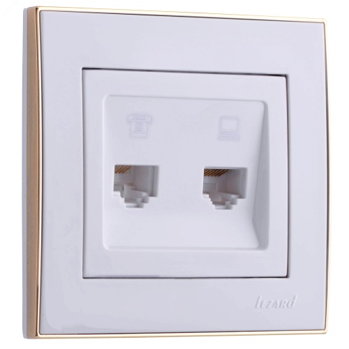 Розетка RAIN компьютерная + телефон белая с боковой вставкой золото | код 703-0226-143 | Lezard Розетка RAIN компьютерная + телефон белая с боковой вставкой золото | код 703-0226-143 | Lezard