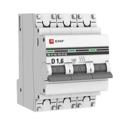 Автоматический выключатель 3P 1,6А (D) 4,5kA ВА 47-63 PROxima | код mcb4763-3-1.6D-pro | EKF