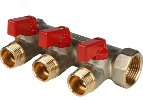 Коллектор с шаровыми кранами 3/4', 3 отвода 1/2' (красные ручки) | код SMB 6210 341203 | STOUT