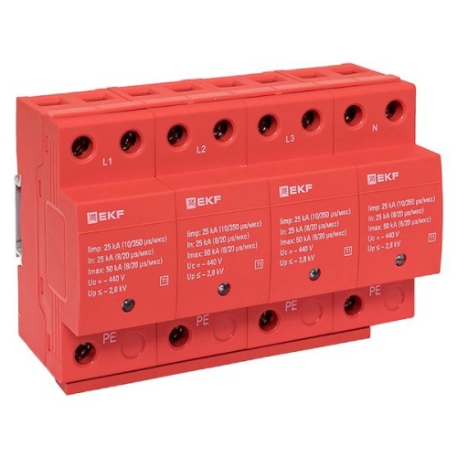 Устройство защиты от импульсных перенапряжений класс 1 Iimp 25кА (10/350мкс) 4P | код spd-t1-4p | EKF фото 2 Устройство защиты от импульсных перенапряжений класс 1 Iimp 25кА (10/350мкс) 4P | код spd-t1-4p | EKF фото 2