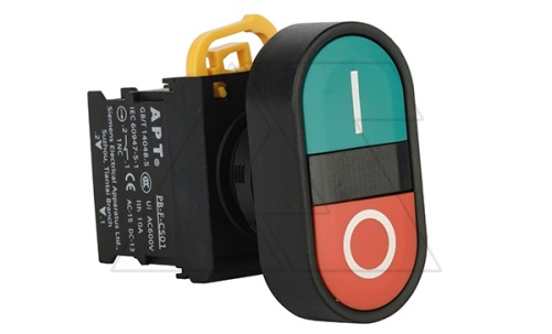 Кнопка двойная PB3E, красный/зеленый, 1NO+1NC, 6A 230VAC/24VDC, без подсветки, 22mm, IP65 | код PB3E-DM0S11FS1/n00 | АРТ