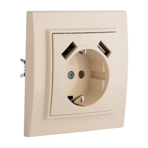 Минск Розетка 1-местная СП с/з 16А бежевая с защ, штор, с 2 USB 2,1А | код ERR16-028-200-2USB | EKF фото 3