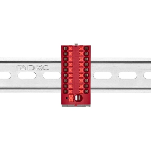 Блок распределительный с вертикал. адаптером на рейки шир. 15/35мм зажим push-in 1 ввод 6кв.мм 18 точек подключения 2.5кв.мм красн. DKC DTP1-118-104SPUR-V Блок распределительный с вертикал. адаптером на рейки шир. 15/35мм зажим push-in 1 ввод 6кв.мм 18 точек подключения 2.5кв.мм красн. DKC DTP1-118-104SPUR-V