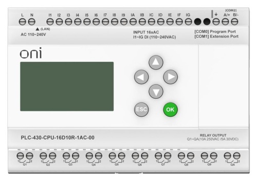 Модуль ЦПУ 16 DI 10 RO 220В AC с Ethernet портом с экраном | код PLC-430-CPU-16D10R-1AC-00 | ONI