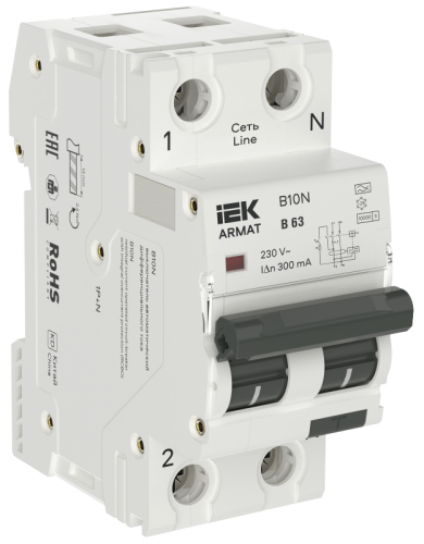 ARMAT АВДТ B10N 1P+NP B63 300мА тип A (36мм) IEK | код AR-B10N-1N-B063A300 | IEK