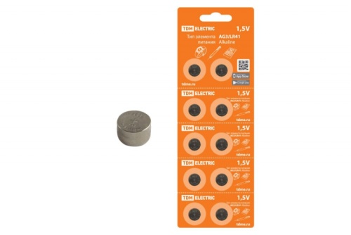 Элемент питания AG3/LR41 Alkaline 1,5V BP-10 TDM | код SQ1702-0041 | TDM