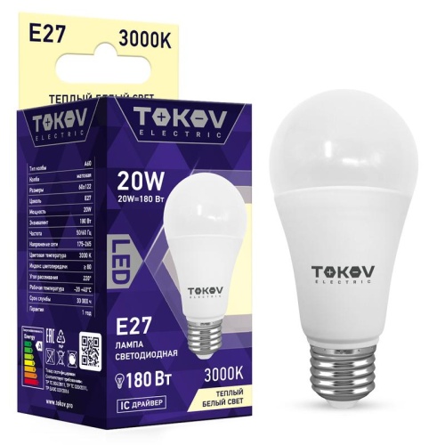 Лампа светодиодная 20Вт А60 3000К Е27 176-264В | код. TKE-A60-E27-20-3K | TOKOV ELECTRIC