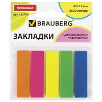Закладки клейкие BRAUBERG НЕОНОВЫЕ, пластиковые, 45х12 мм, 5 цветов х 20 листов, на пластиковом основании, 122706 | код 122706 | BRAUBERG