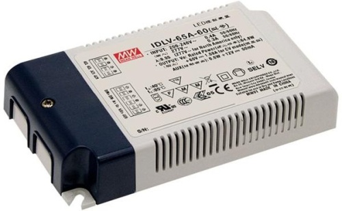 Источник питания AC-DC, 64.8Вт, вход 180…295В AC, 47…63Гц/125…417В DC, ККМ, выход 60В/1.08А, изоляция 3750В AC, в кожухе 130х75х25мм, -20…+85С (корпус), димминг 0...10 В/ШИМ, доп. выход 12В/50мА | код IDLV-65A-60 | MeanWell