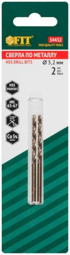 Сверла по металлу HSS с добавкой кобальта 5% Профи в блистере 3.2 мм (2 шт) | код 34432 | FIT фото 3 Сверла по металлу HSS с добавкой кобальта 5% Профи в блистере 3.2 мм (2 шт) | код 34432 | FIT фото 3