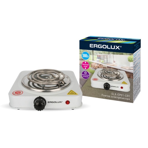 Электроплитка ELX-EP01-C01 1 конф. спиральный нагр. эл. 1000Вт 220-240В бел. | код 13436 | Ergolux