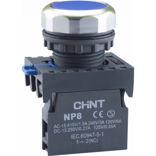 Кнопка упр. NP8-10BND/6 подствет., самовозв., синий AC110-230В(LED), 1НО, IP65 (R) | код 667644 | CHINT