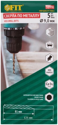 Сверла по металлу HSS с добавкой кобальта 5% Профи 9.0 мм (5 шт) | код 33990 | FIT фото 3 Сверла по металлу HSS с добавкой кобальта 5% Профи 9.0 мм (5 шт) | код 33990 | FIT фото 3