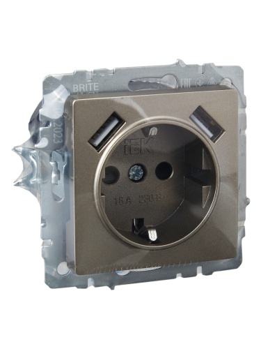 Розетка BRITE РЮш10-2-БрШ 16А с USB A+A 3.1А с заземл. защ. шторки шампань | код. BR-R14-16-U21-D31-K37 | IEK фото 3 Розетка BRITE РЮш10-2-БрШ 16А с USB A+A 3.1А с заземл. защ. шторки шампань | код. BR-R14-16-U21-D31-K37 | IEK фото 3