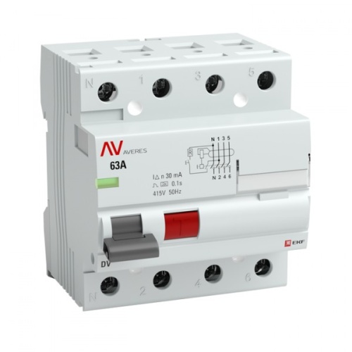 Выключатель дифференциальный (УЗО) DV (селективный) 4п 63А 300мА тип AC AVERES | код. rccb-4-63-300-s-av | EKF