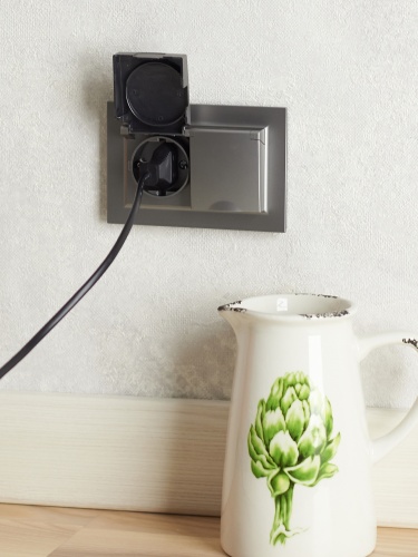 BRITE Розетка 2-местная с заземлением с защитными шторками и крышкой 16А в сборе IP44 РСбш12-3-44-БрС сталь | код BR-R26-16-44-K46-F | IEK фото 4