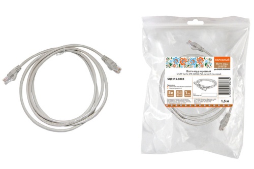 Патч-корд народный U/UTP Cat 5e 4PR 24AWG PVC, литой 1,5 м, серый | код SQ0115-0003 | TDM НАРОДНЫЙ
