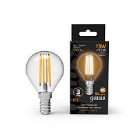 Лампа светодиодная филаментная Black Filament 13Вт P45 шар 2700К тепл. бел. E14 1100лм | код 105801113 | GAUSS