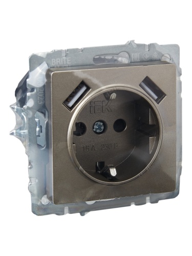 Розетка BRITE РЮш10-1-БрШ 16А с USB A+A 2.1А с заземл. защ. шторки шампань | код. BR-R14-16-U21-D21-K37 | IEK фото 7 Розетка BRITE РЮш10-1-БрШ 16А с USB A+A 2.1А с заземл. защ. шторки шампань | код. BR-R14-16-U21-D21-K37 | IEK фото 7