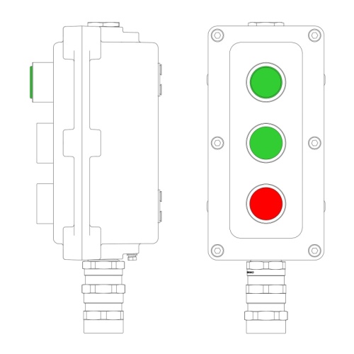 Взрывонепроницаемый пост управления из алюминия LCSD-03-B-MB-L1G(220)x1-P1G(11)x1-P1R(11)x1-PBMB-KA2MHK / 1Ex d IIB T5 Gb / Ex tb II | код LCSD21000107 | DKC