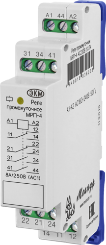 Промежуточные реле МРП-4 ACDC24В УХЛ4 на ДИН рейку, 2 переключающих контакта + НО, максимальный коммутируемый ток 8А, корпус 1 модуль МЕАНДР | код 4640016931477 | МЕАНДР