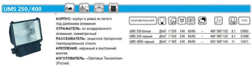 Прожектор UMS 400H 400Вт E40 IP65 черн. СТ | код 1351000840 | Световые технологии