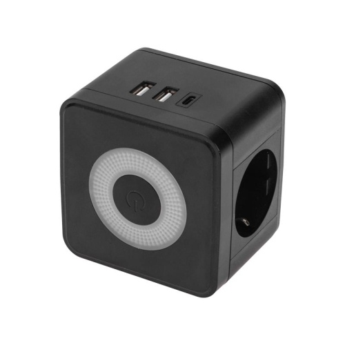 Двойник электрический Куб 16А с/з+2хUSB-A 2.4А+USB Type-C 3А с ночной подсветкой черн. | код 11-1252 | Rexant