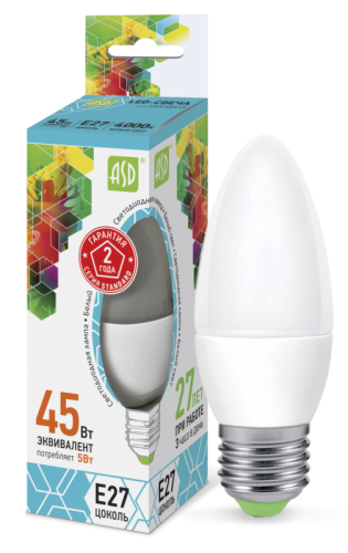 Лампа светодиодная LED-СВЕЧА-standard 5Вт 230В Е27 4000К 450Лм ASD | код 4690612003917 | ASD Лампа светодиодная LED-СВЕЧА-standard 5Вт 230В Е27 4000К 450Лм ASD | код 4690612003917 | ASD