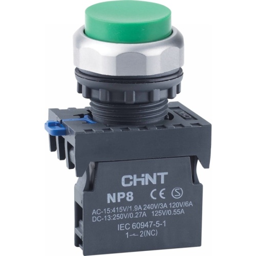Кнопка упр. выступ., NP8-01GND/3 подсвет., самовозв., зелен., AC110-230В(LED), 1НЗ, IP65 (R) | код 667603 | CHINT