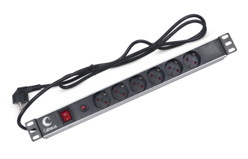 Cabeus PDU-6P-F-2EU Блок евророзеток для 19 шкафов, горизонтальный, 6 розеток, фильтр, 16 A, выключатель, шнур 2м, алюминиевый корпус, немецкий стандарт | код 7296c | Cabeus