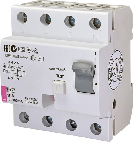Реле дифференциальное (УЗО) EFI-4 16/0,3 тип AC (10kA) | код 002064141 | ETI
