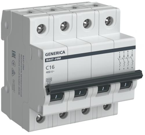 Авт. выкл. ВА47-29М 4P 16А 4,5кА C GENERICA | код MVA21-4-016-C-G | GENERICA by IEK