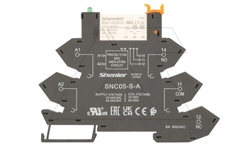 Реле с колодкой тонкое, 1CO, 24VDC, вх 6-24VAC/VDC, пружина | код RNC1CO012+SNC05-S-A | Shenler