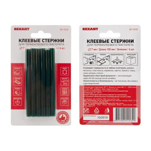 Стержни клеевые диаметр 7 мм, 100 мм, зеленые (упак - 6 шт.) | код 09-1018 | REXANT фото 3