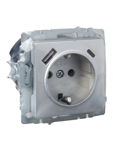 Розетка BRITE РЮш11-1-БрА 16А с USB A+C 18Вт с заземл. защ. шторки алюм. | код. BR-R14-16-U22-018-K47 | IEK фото 6